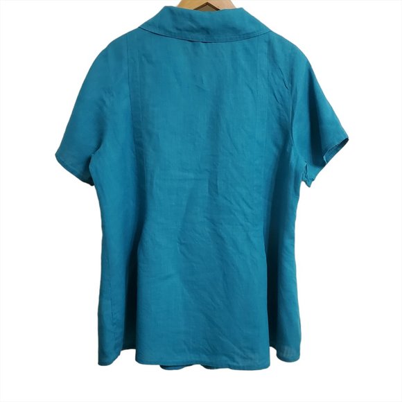 FLAX Womens Button-Up Shirt Tunic M Linen Short Sleeve Teal Blue Lagenlo… - Picture 4 of 9